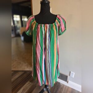 Joy Joy Colorful Striped Peasant Dress - Pink Green Orange